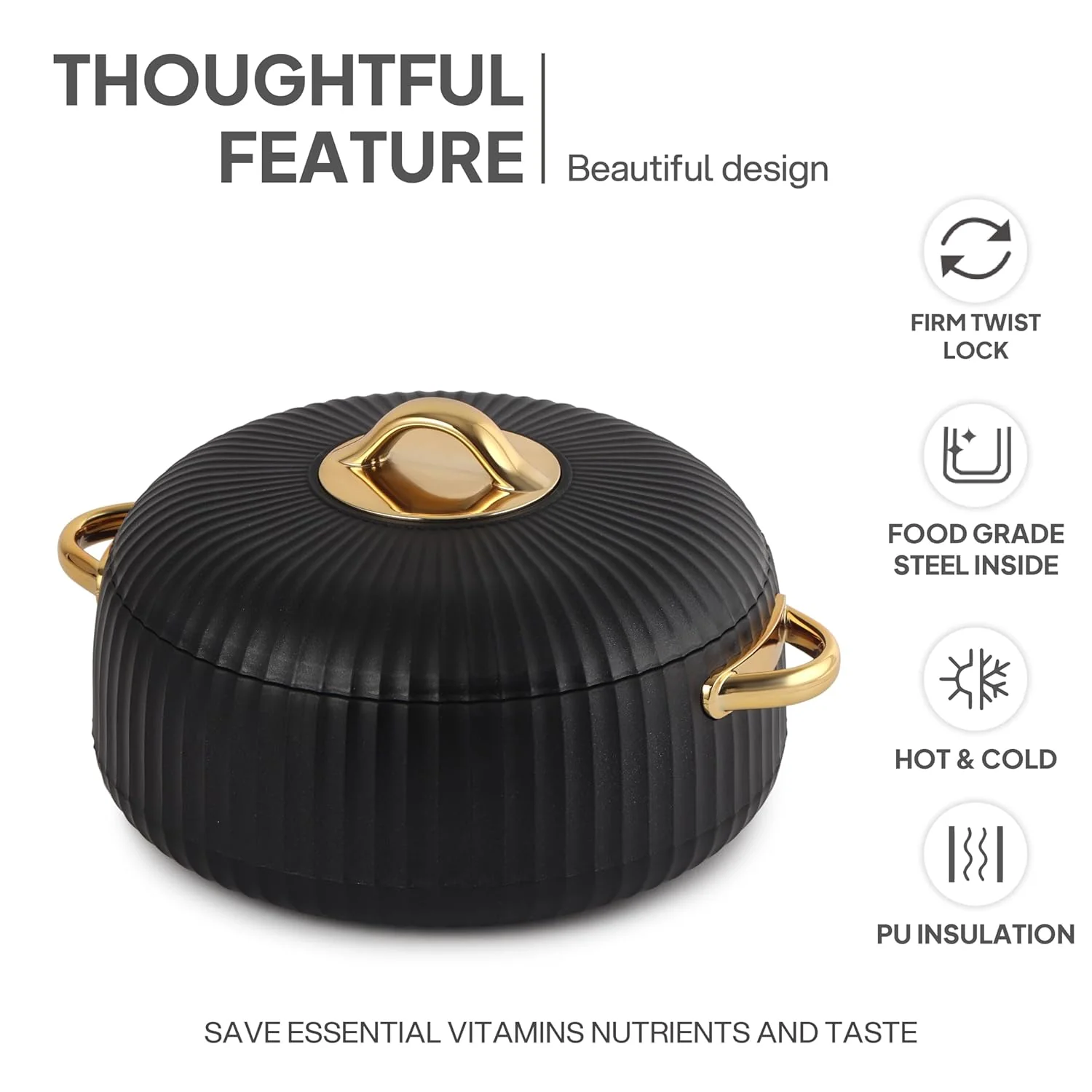 Cello Aurum Luxury Inner Stainless Steel Insulated Hot-pot 2500ml, Black | Easy Grip Lid & Frim Twist Lock | BPA-Free, Durable, Suitable for Hot & Cold | Hot Box for Kitchen | Hot Pot for Home - Image 3