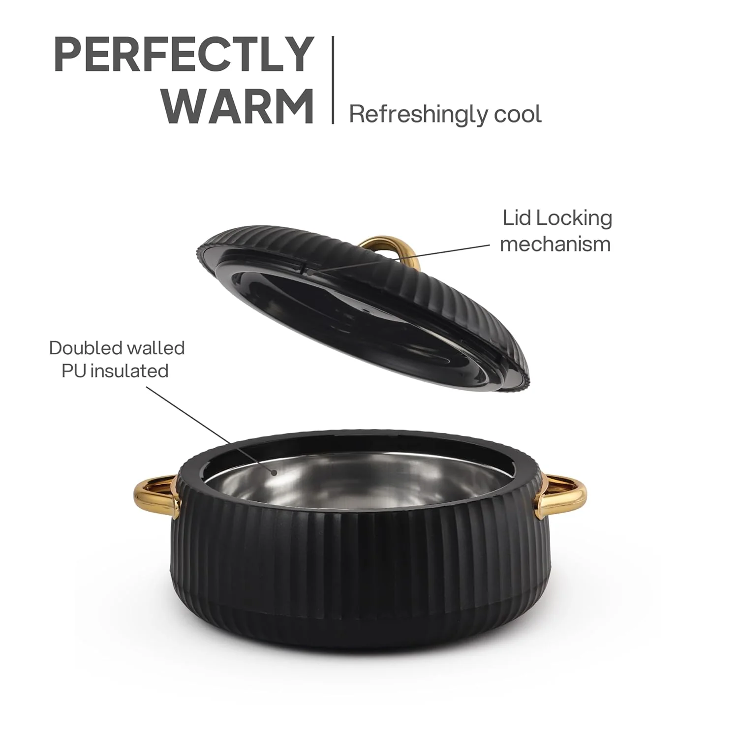 Cello Aurum Luxury Inner Stainless Steel Insulated Hot-pot 2500ml, Black | Easy Grip Lid & Frim Twist Lock | BPA-Free, Durable, Suitable for Hot & Cold | Hot Box for Kitchen | Hot Pot for Home - Image 4