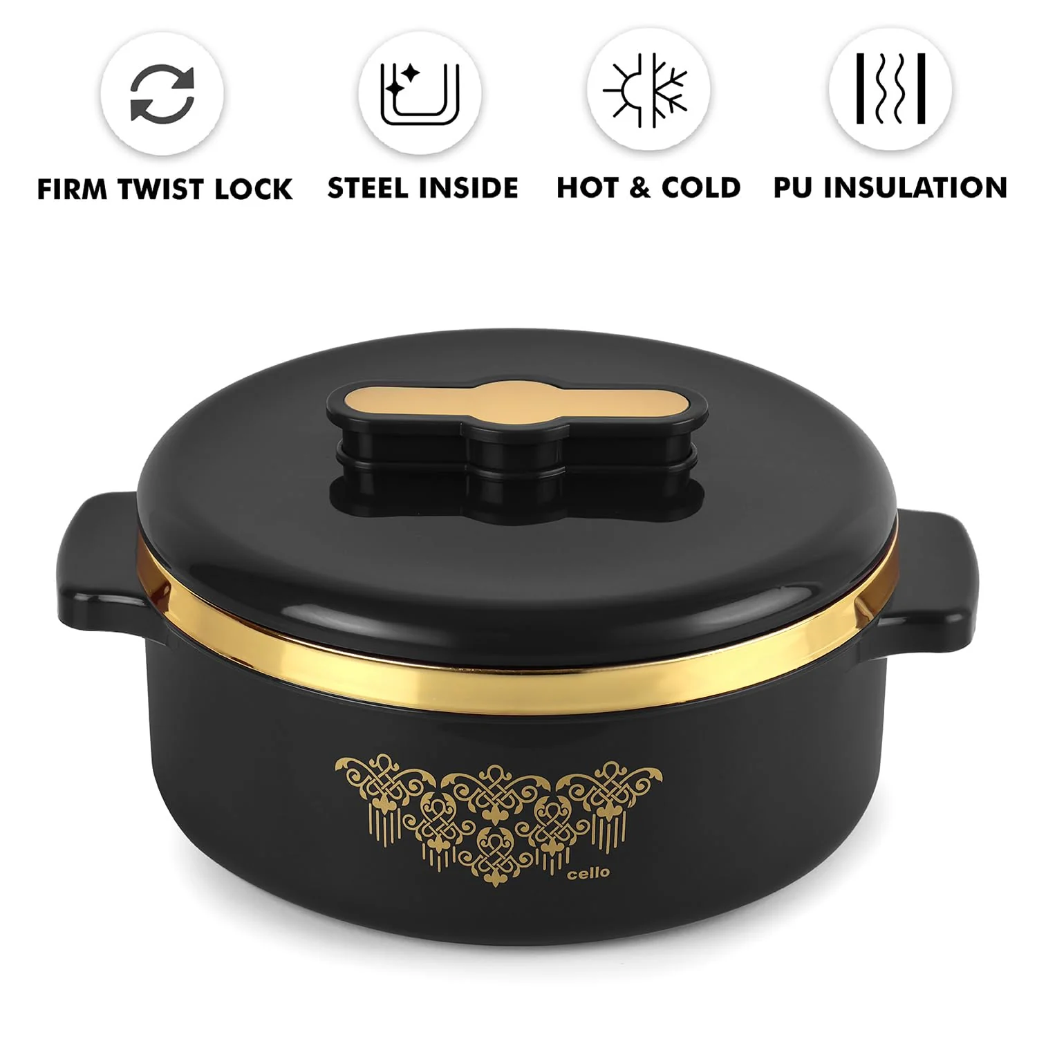 Cello Exotic Stainless Steel Insulated Casserole | Firm Twist Lock | Serve & Store | Inner Steel and Outer Plastic | Keeps Food Hot & Cold for Hours | Durable & Break Resistant | 2500ml - Image 4