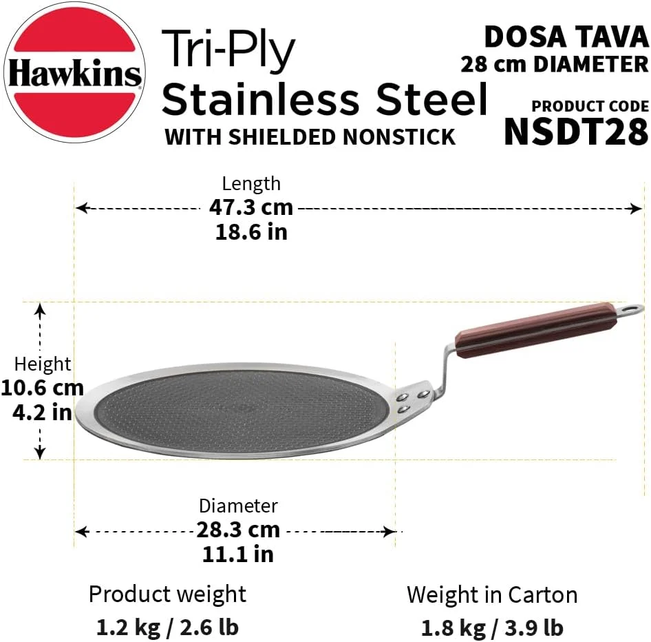 Hawkins 28 cm Dosa Tava, Triply Stainless Steel Shielded Nonstick Tawa with Rosewood Handle, Honeycomb Non Stick Induction Tawa Silver (NSDT28) - Image 2