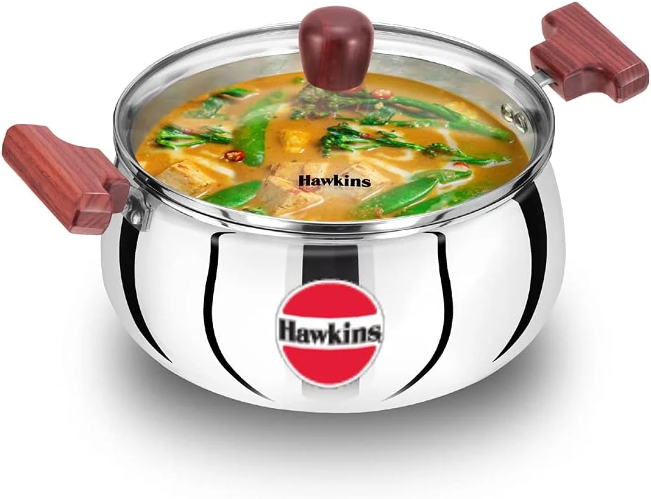 Hawkins 4 Litre Cook n Serve Handi with Glass Lid, Induction Compatible Tri-Ply Stainless Steel Cookware, Cooking Pot, Saucepan