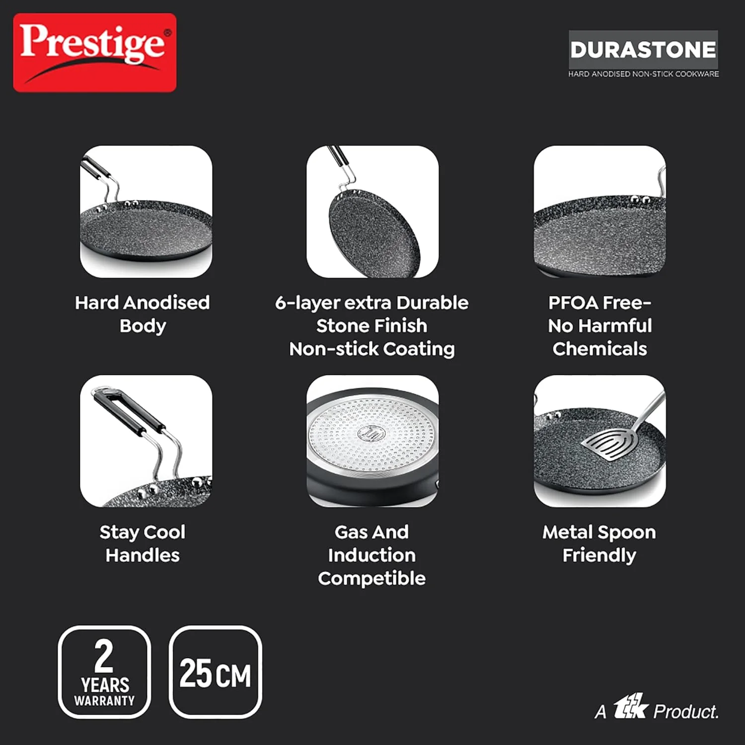 Prestige Durastone 25 cm Non-Stick Hard Anodised Tawa, 10-Inch - Image 3