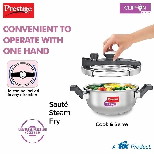 Prestige Svachh Clip-on 3.5 Litre Stainless Steel Pressure Cooker Kadai with Glass Lid - Image 5