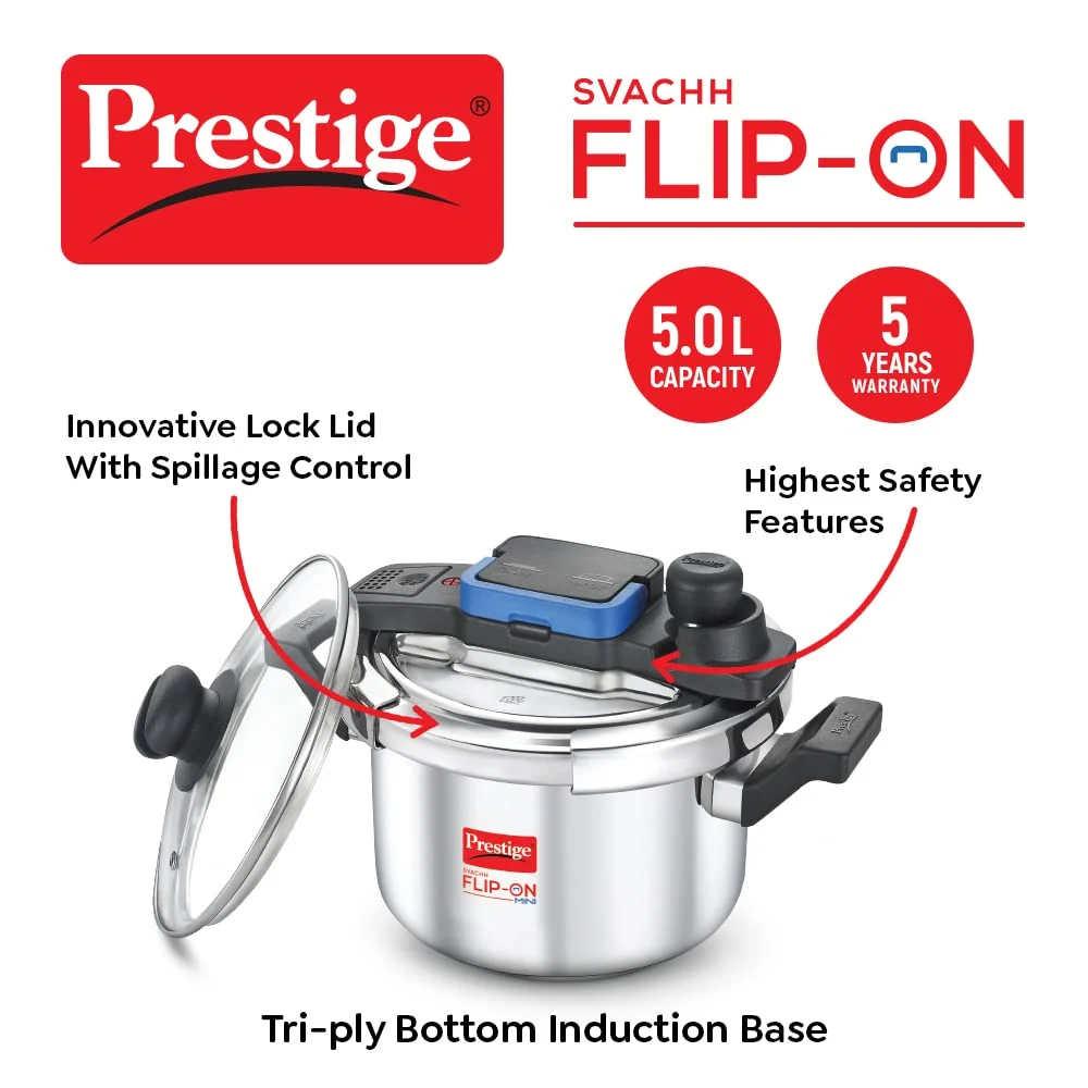Prestige Svachh Flip-on 5 Litre Stainless Steel Pressure Cooker with Glass Lid - Image 3
