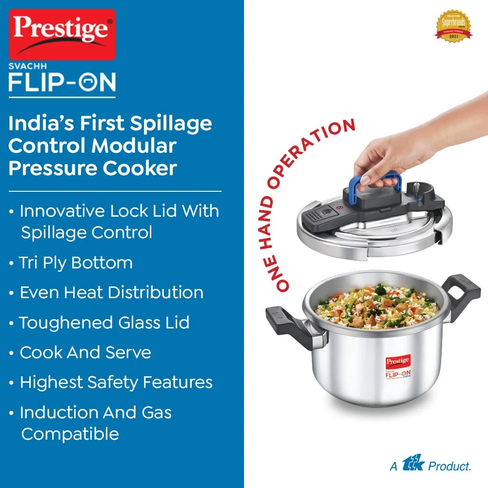 Prestige Svachh Flip-on 5 Litre Stainless Steel Pressure Cooker with Glass Lid - Image 4