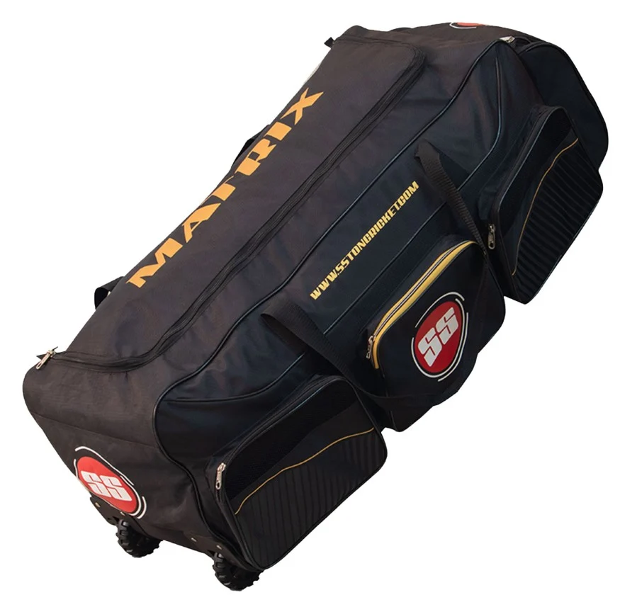 SS Matrix Professional Cricket Wheelie Kit Bag - Duffle w/ Wheels, Multiple Compartments, Black & Orange - Lightweight, Durable & Easy to Carry