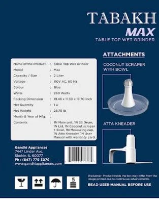TABAKH Max 2-Liter Stone Wet Grinder with Atta Kneader & Coconut Scraper 110V, Open Box Store Pickup Only - Image 9