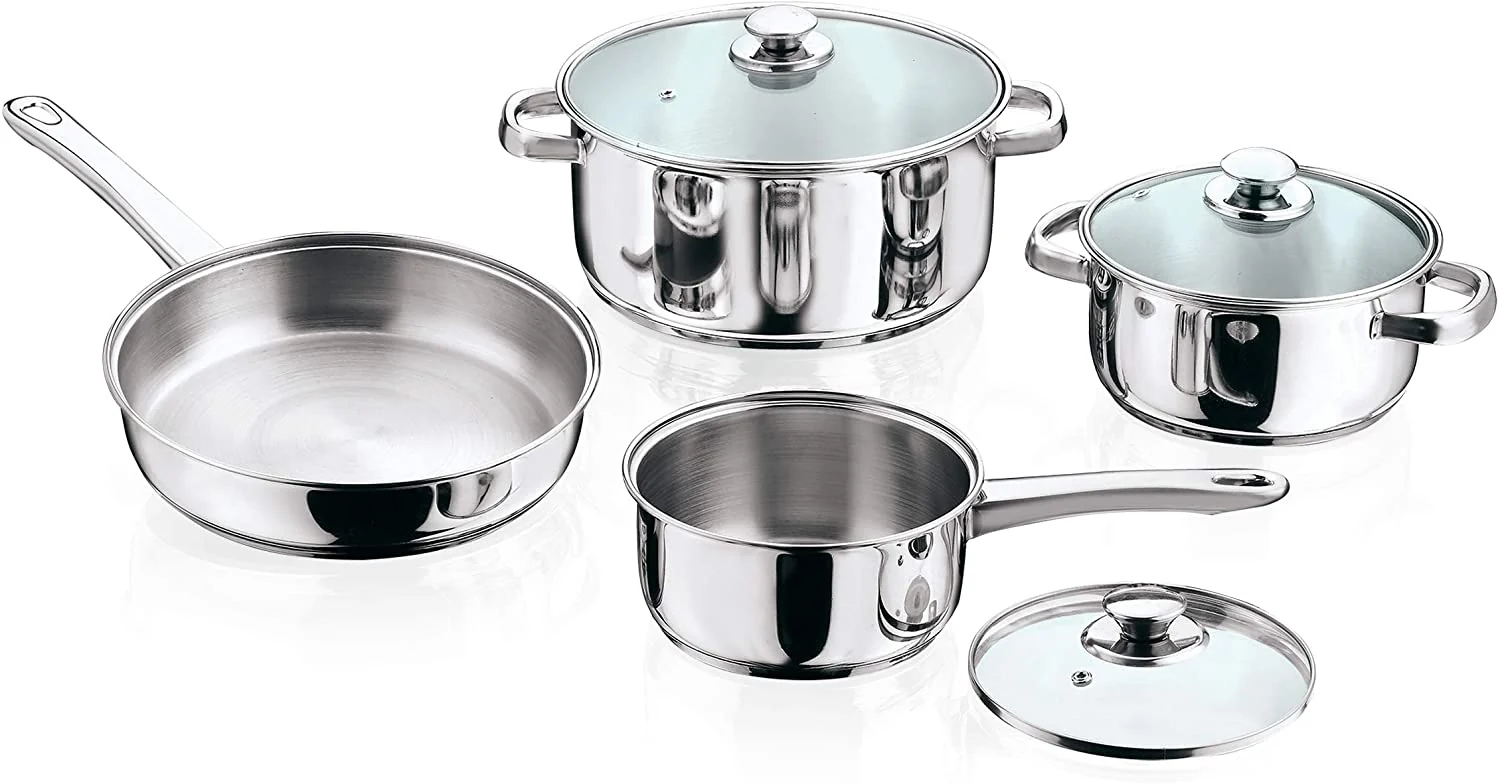 Vinod 7pc Stainless Steel Cookware Set (Frypan, Sauce Pan, Casserole Cooking Pots w/ Glass Lid)