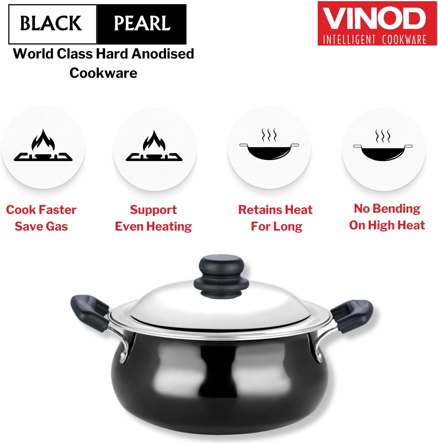 Vinod Black Pearl Hard Anodised Handi with Lid 5.0 Liters Medium - Image 3