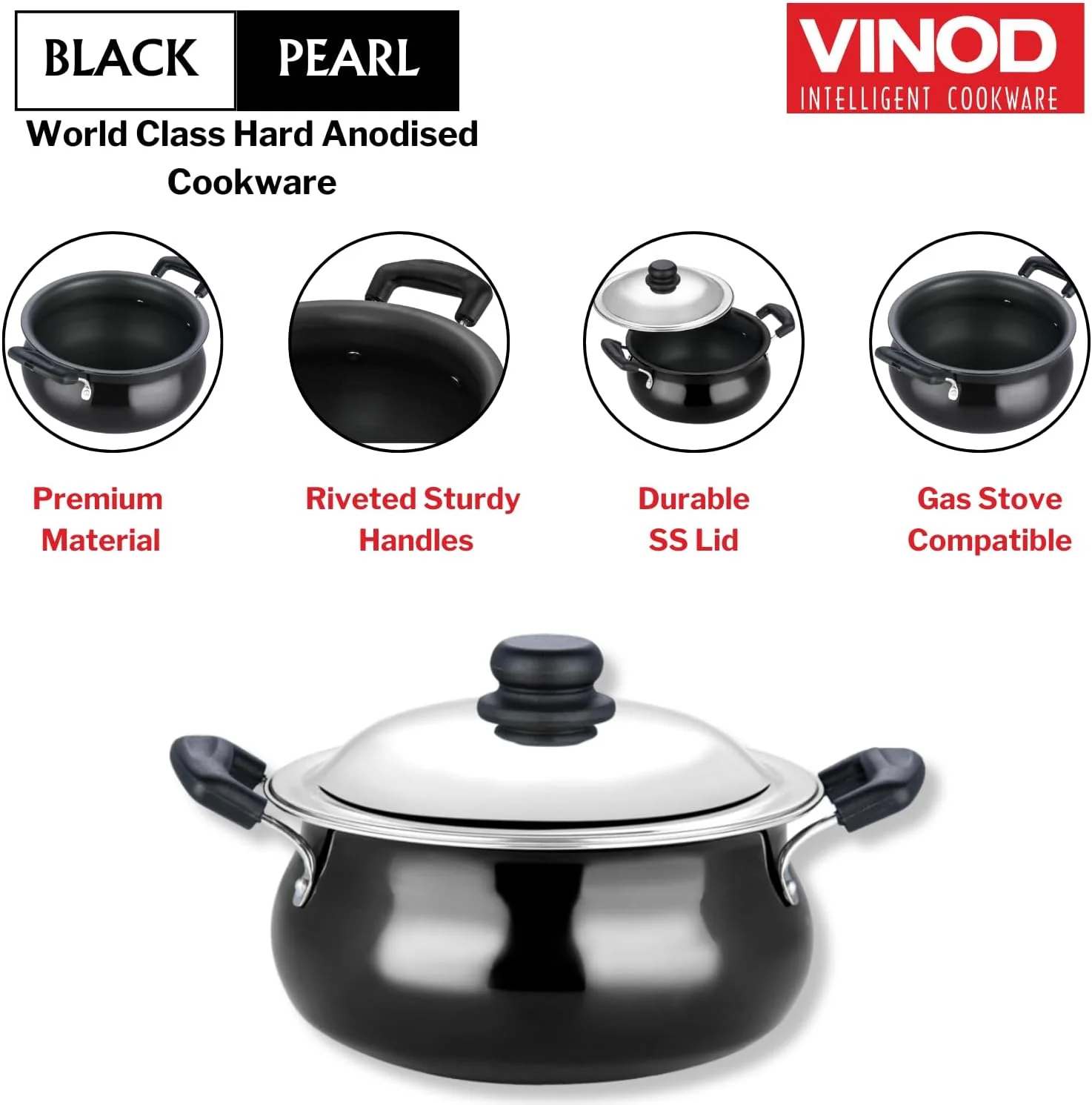 Vinod Black Pearl Hard Anodised Handi with Lid 5.0 Liters Medium - Image 4