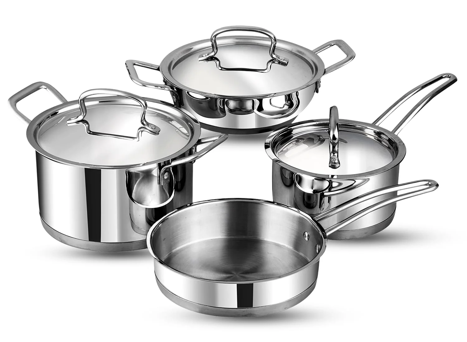 Vinod Classic Deluxe Stainless Steel Cookware Combo Set of 4 Pcs | Saucepan, Saucepot, Kadhai and Frypan | Extra Deep, Riveted Handles | Induction Base