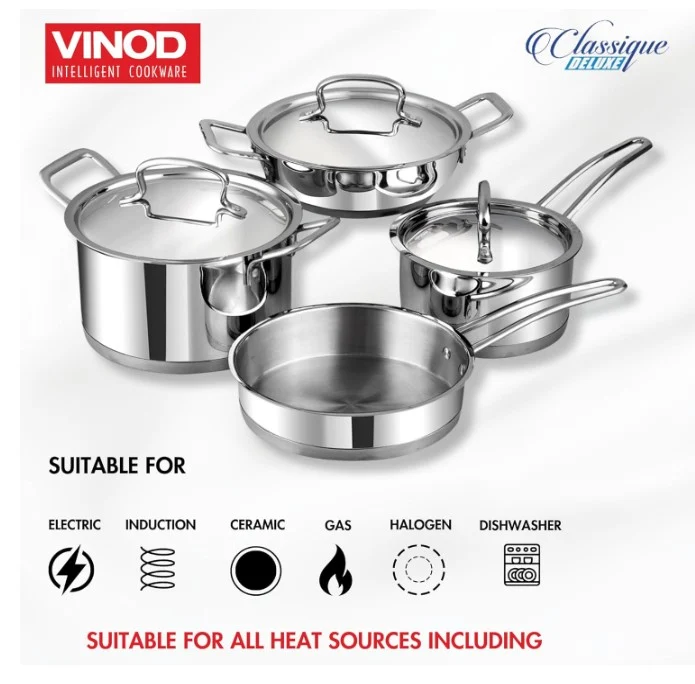 Vinod Classic Deluxe Stainless Steel Cookware Combo Set of 4 Pcs | Saucepan, Saucepot, Kadhai and Frypan | Extra Deep, Riveted Handles | Induction Base - Image 2