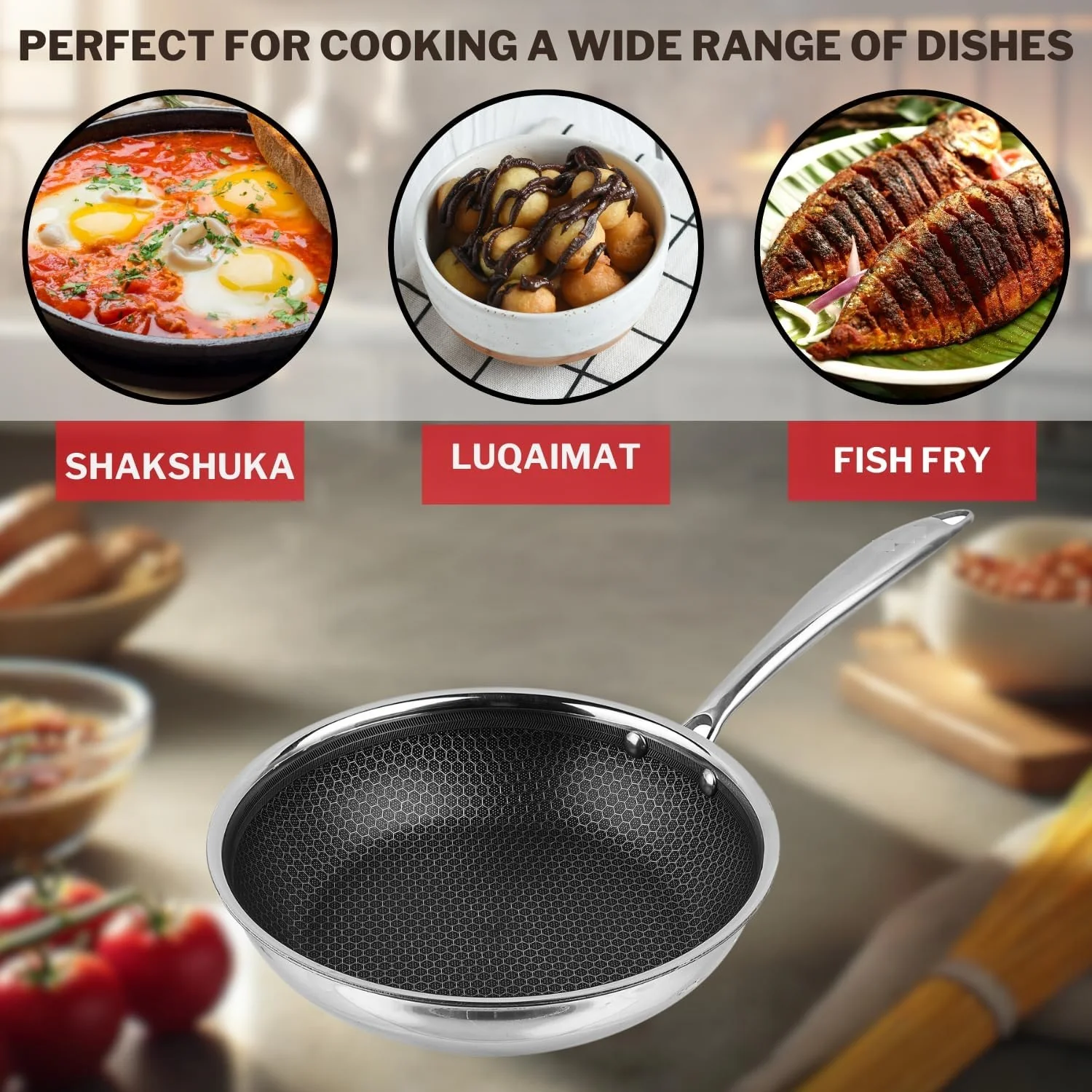 Vinod Nutri-Tech SAS Triply Stainless Steel Fry Pan 26 cm | Honeycomb Pattern Design Inside, Scratch Resistant, Food Safe & PFOA Free - Image 3