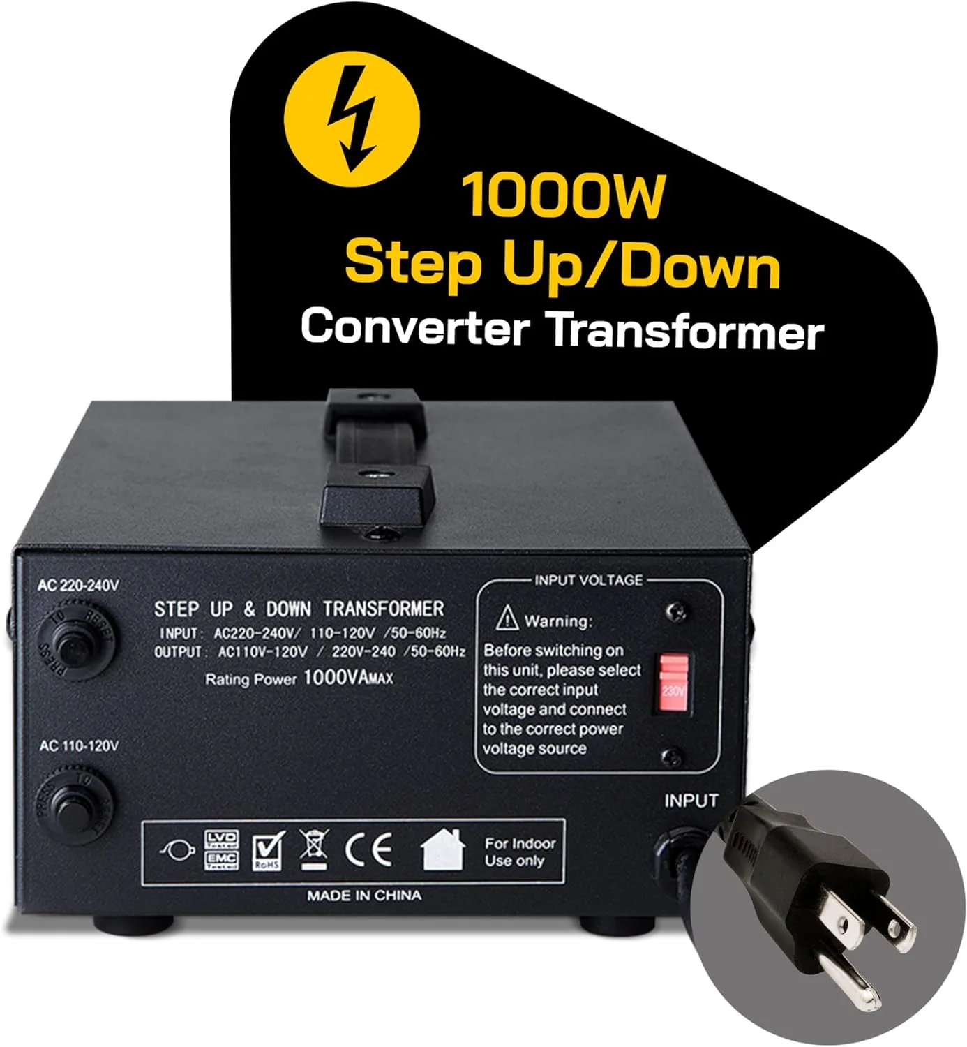 ELC T-1000 Voltage Converter Transformer - Step Up/Down - 110v to 220v / 220v to 110v Power Converter - Circuit Breaker Protection, CE Certified [3-Years Warranty] - Image 4