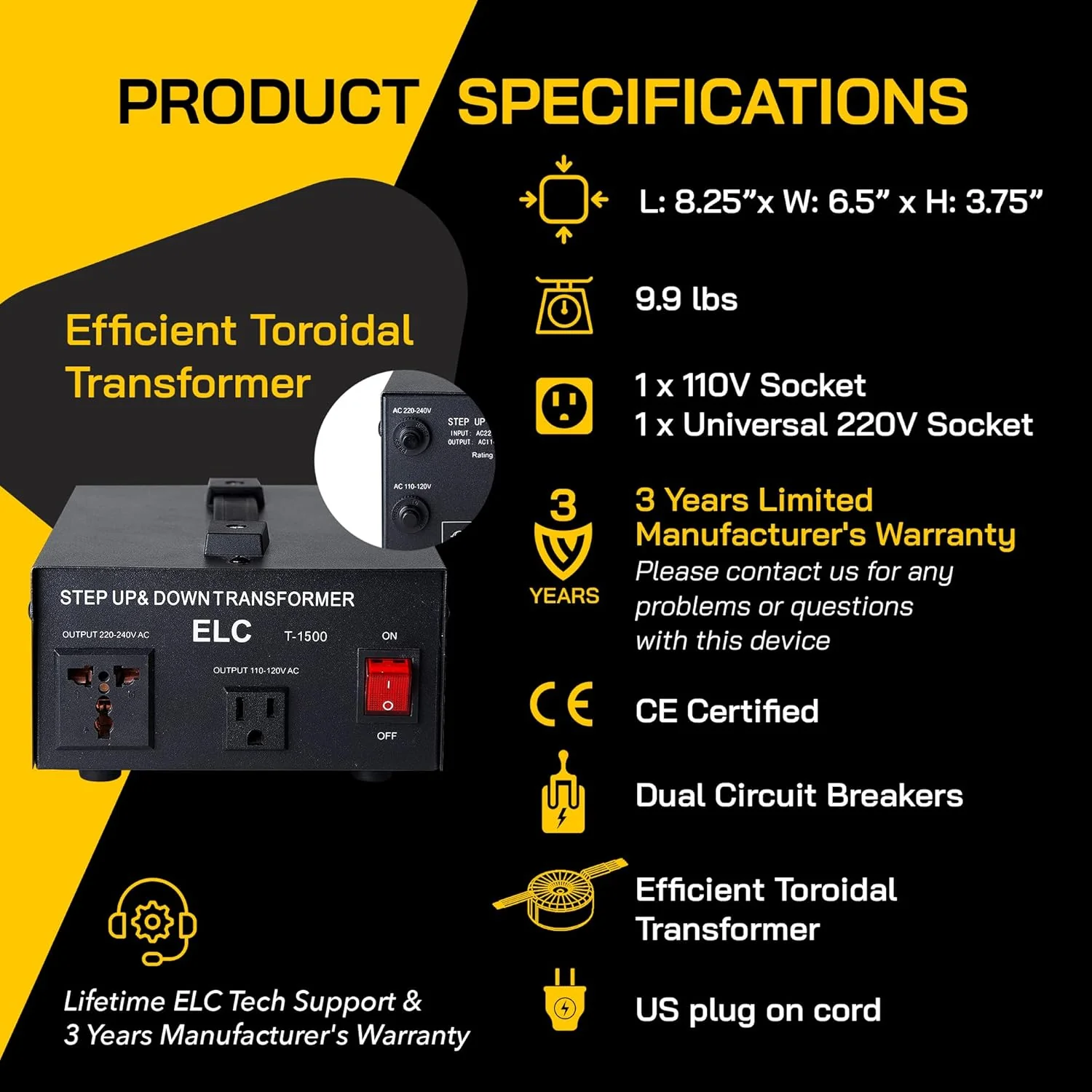 ELC T-1500 Voltage Converter Transformer - Step Up/Down - 110v to 220v / 220v to 110v Power Converter - Circuit Breaker Protection, CE Certified [3-Years Warranty] - Image 8