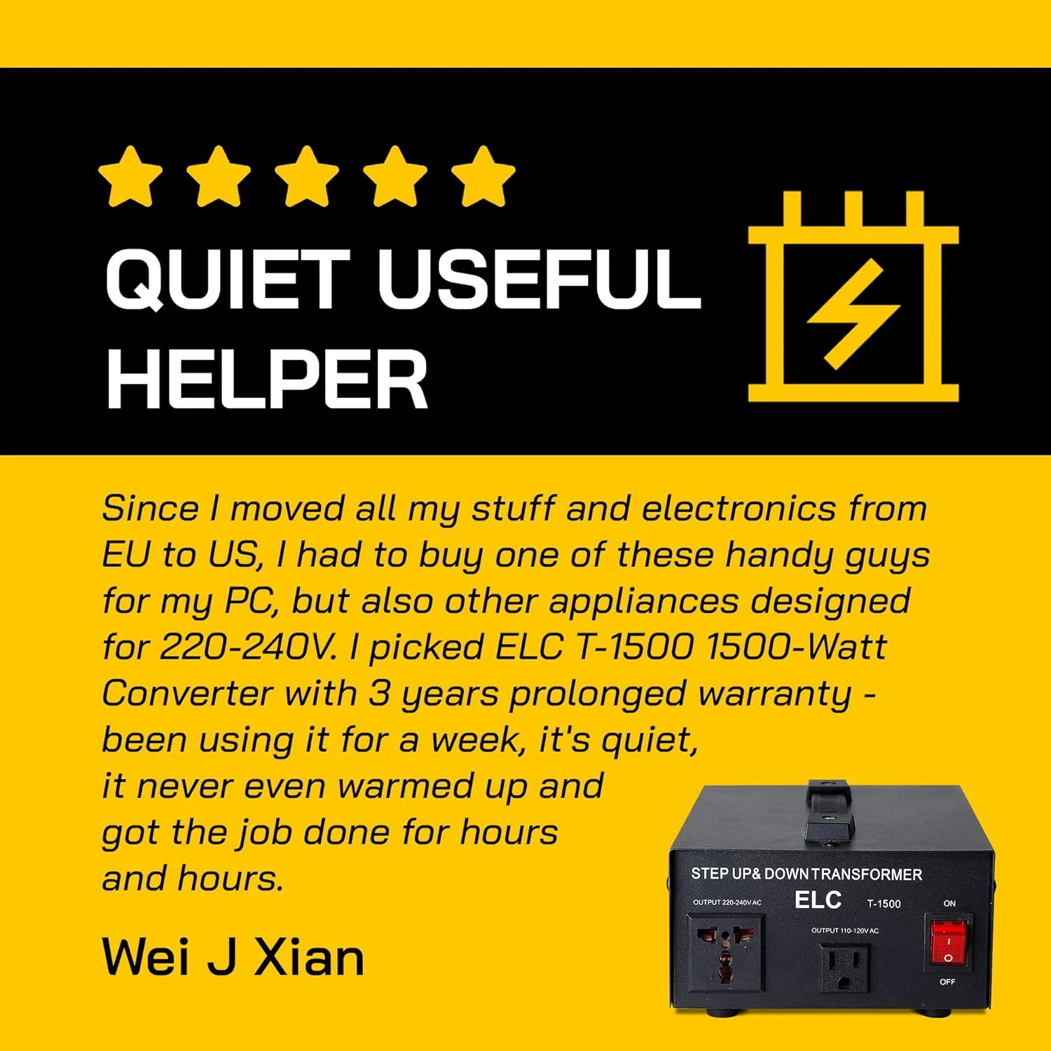 ELC T-1500 Voltage Converter Transformer - Step Up/Down - 110v to 220v / 220v to 110v Power Converter - Circuit Breaker Protection, CE Certified [3-Years Warranty] - Image 9